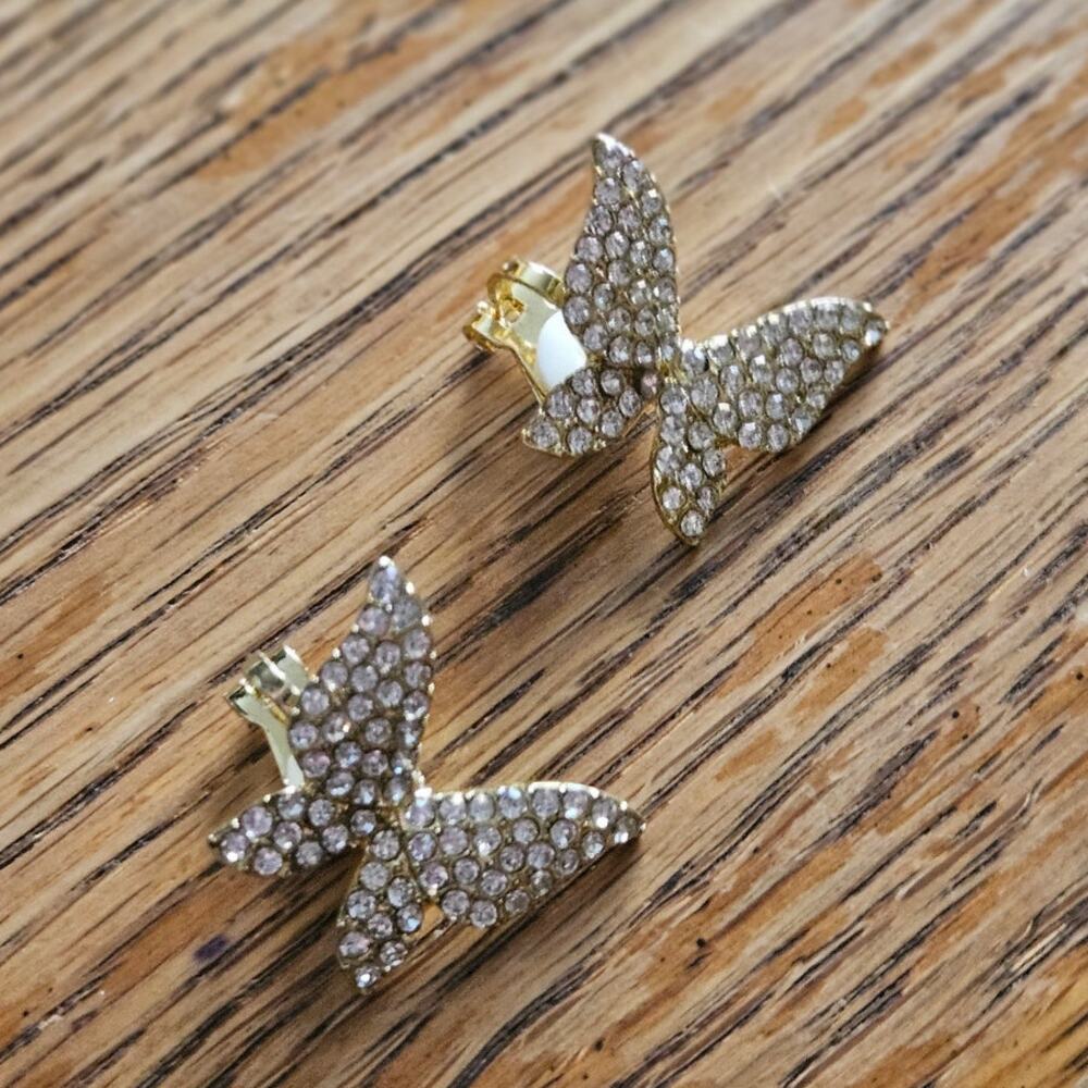Korean Style Gold-Plate Butterfly Clip-On Earrings Encrusted w Small Rhinestones